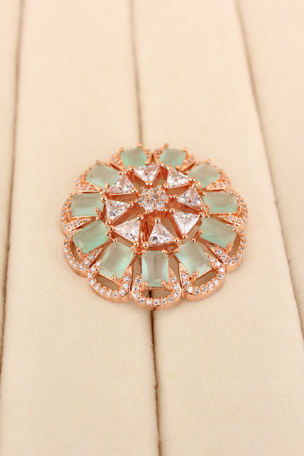 Statement Adjustable American Diamond Ring With Flower Design And Mint Green Stones (ADR002-MG)