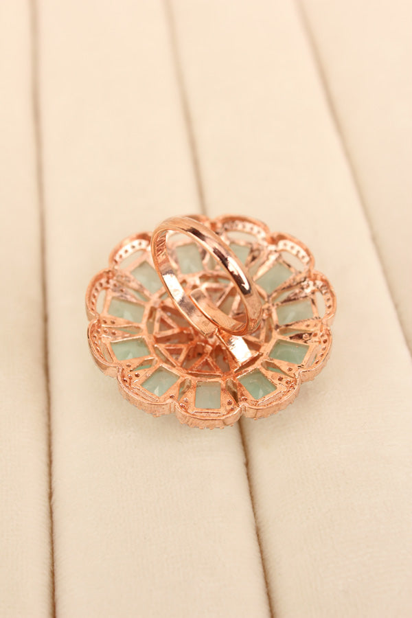 Statement Adjustable American Diamond Ring With Flower Design And Mint Green Stones (ADR002-MG)
