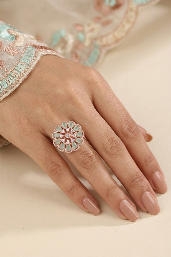 Statement Adjustable American Diamond Ring With Flower Design And Mint Green Stones (ADR002-MG)
