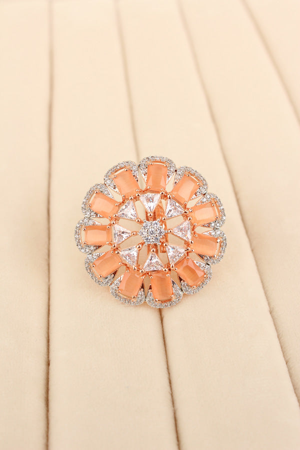 Statement Adjustable American Diamond Ring With Flower Design And Peach Stones (ADR002-PE)