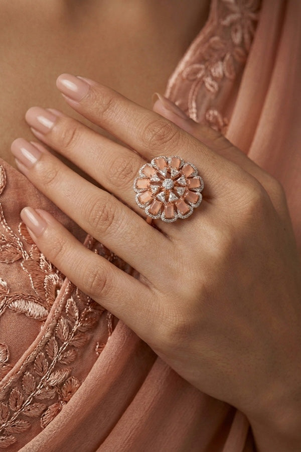 Statement Adjustable American Diamond Ring With Flower Design And Peach Stones (ADR002-PE)