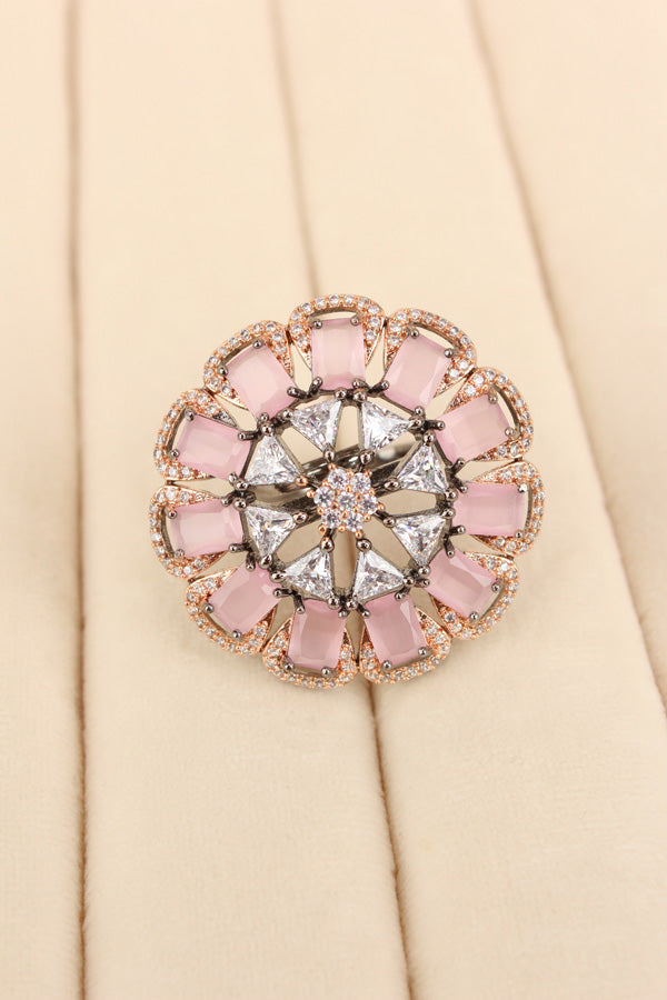 Statement Adjustable American Diamond Ring With Flower Design And Pink Stones (ADR002-BP)