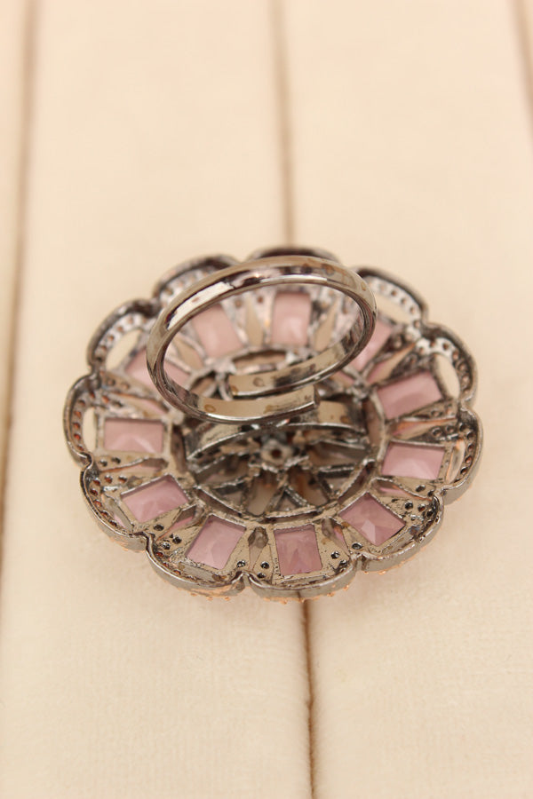Statement Adjustable American Diamond Ring With Flower Design And Pink Stones (ADR002-BP)