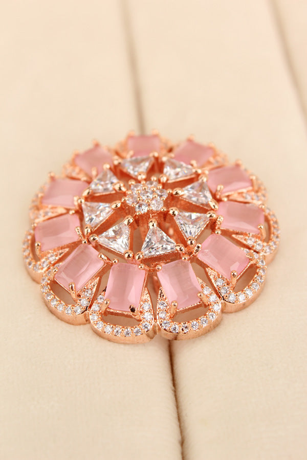 Statement Adjustable American Diamond Ring With Flower Design And Pink Stones (ADR002-P)