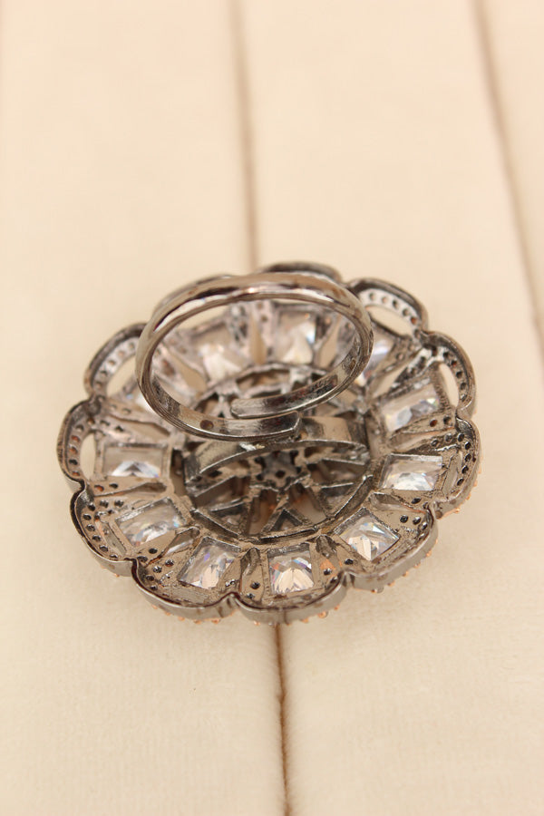 Statement Adjustable American Diamond Ring With Flower Design And Silver Stones (ADR002-S)