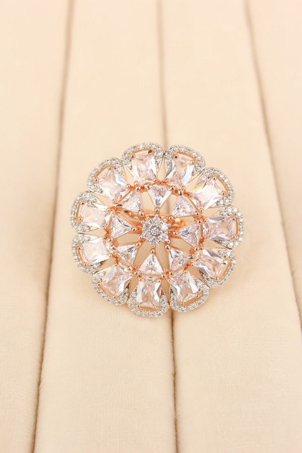Statement Adjustable American Diamond Ring With Flower Design And White Stones (ADR002-W)