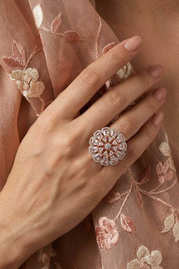 Statement Adjustable American Diamond Ring With Flower Design And White Stones (ADR002-W)