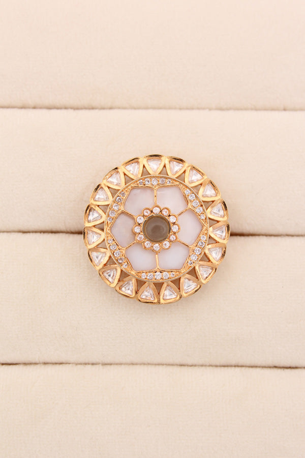 Statement Adjustable Kundan Ring With American Diamonds And Olive Green Center Stone (KR006-OG)