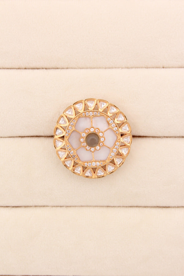 Statement Adjustable Kundan Ring With American Diamonds And Olive Green Center Stone (KR006-OG)