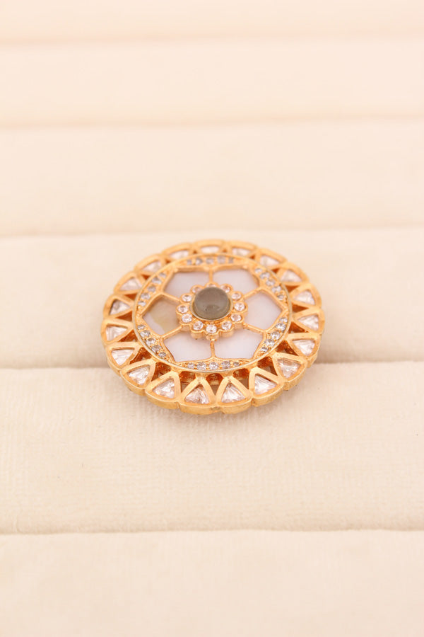 Statement Adjustable Kundan Ring With American Diamonds And Olive Green Center Stone (KR006-OG)