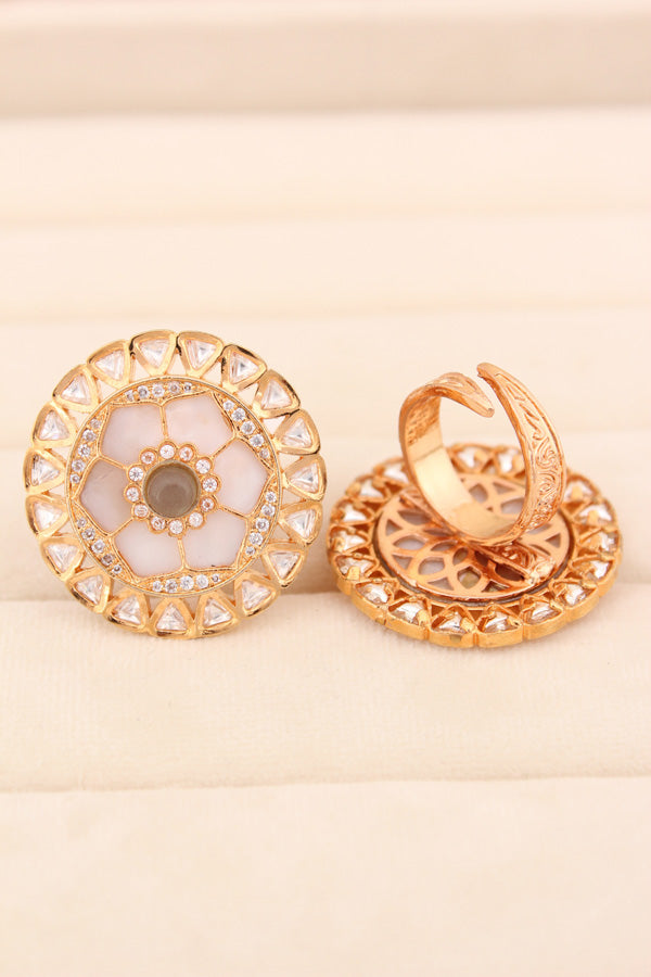Statement Adjustable Kundan Ring With American Diamonds And Olive Green Center Stone (KR006-OG)