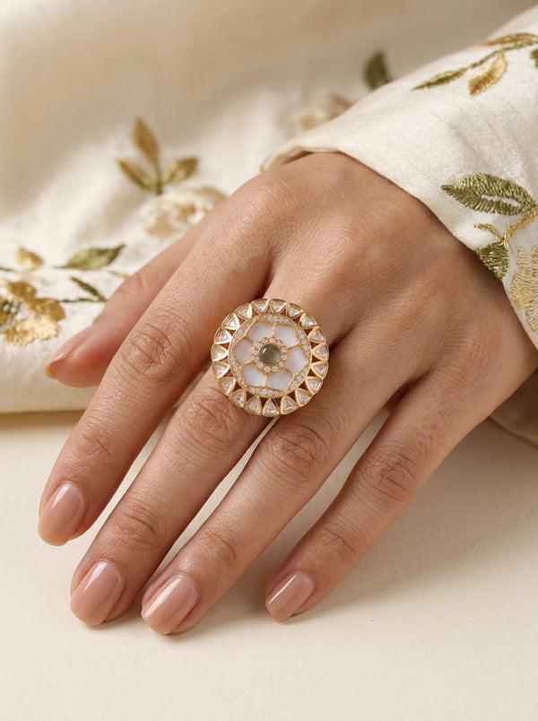 Statement Adjustable Kundan Ring With American Diamonds And Olive Green Center Stone (KR006-OG)