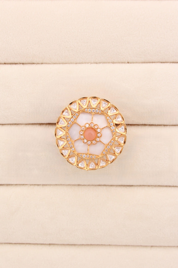 Statement Adjustable Kundan Ring With American Diamonds And Peach Center Stone (KR006-PE)