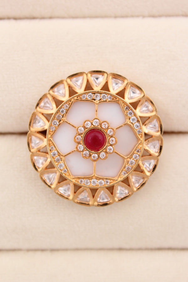 Statement Adjustable Kundan Ring With American Diamonds And Red Center Stone (KR006-R)