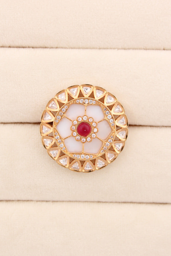 Statement Adjustable Kundan Ring With American Diamonds And Red Center Stone (KR006-R)
