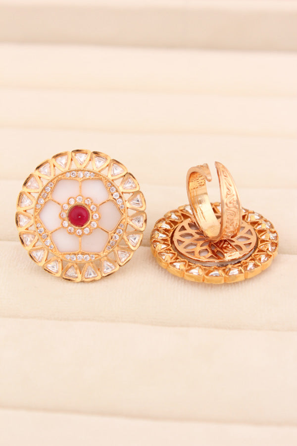 Statement Adjustable Kundan Ring With American Diamonds And Red Center Stone (KR006-R)
