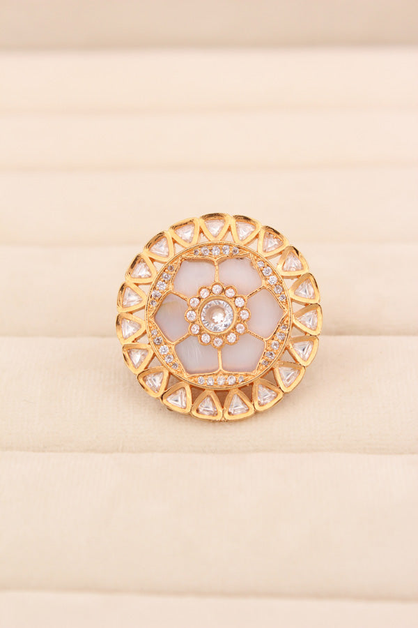 Statement Adjustable Kundan Ring With American Diamonds And Silver Center Stone (KR006-S)