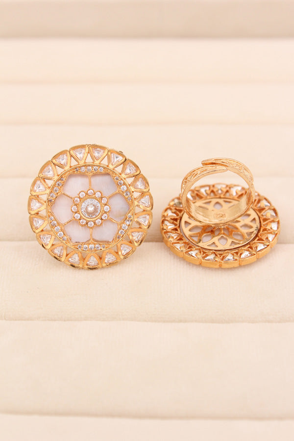 Statement Adjustable Kundan Ring With American Diamonds And Silver Center Stone (KR006-S)