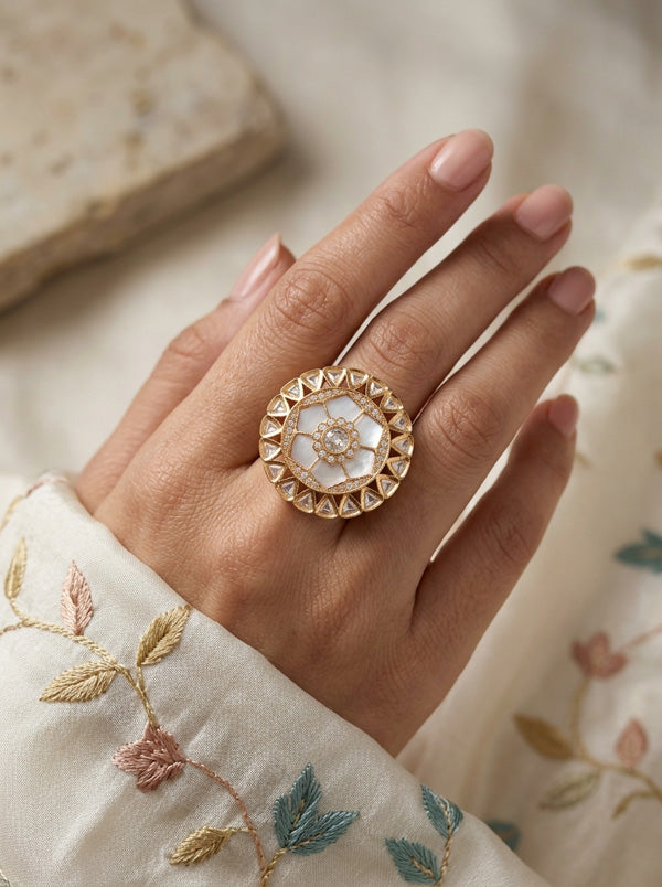 Statement Adjustable Kundan Ring With American Diamonds And Silver Center Stone (KR006-S)