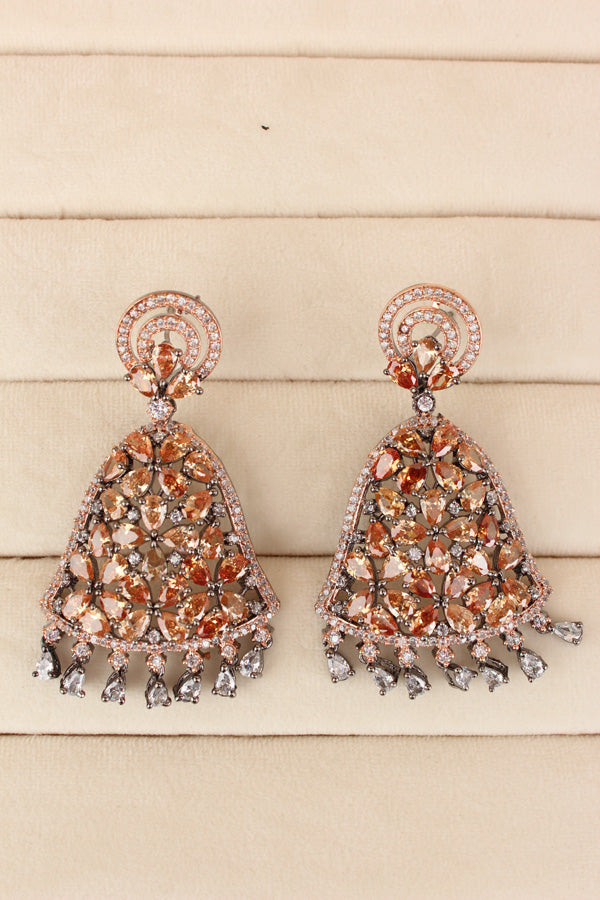 Statement Chandelier Earrings With American Diamonds Stones In Black Polish And Champagne Gold Colour Stones (ADE029-C)