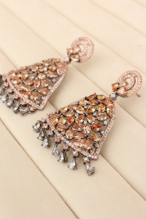 Statement Chandelier Earrings With American Diamonds Stones In Black Polish And Champagne Gold Colour Stones (ADE029-C)