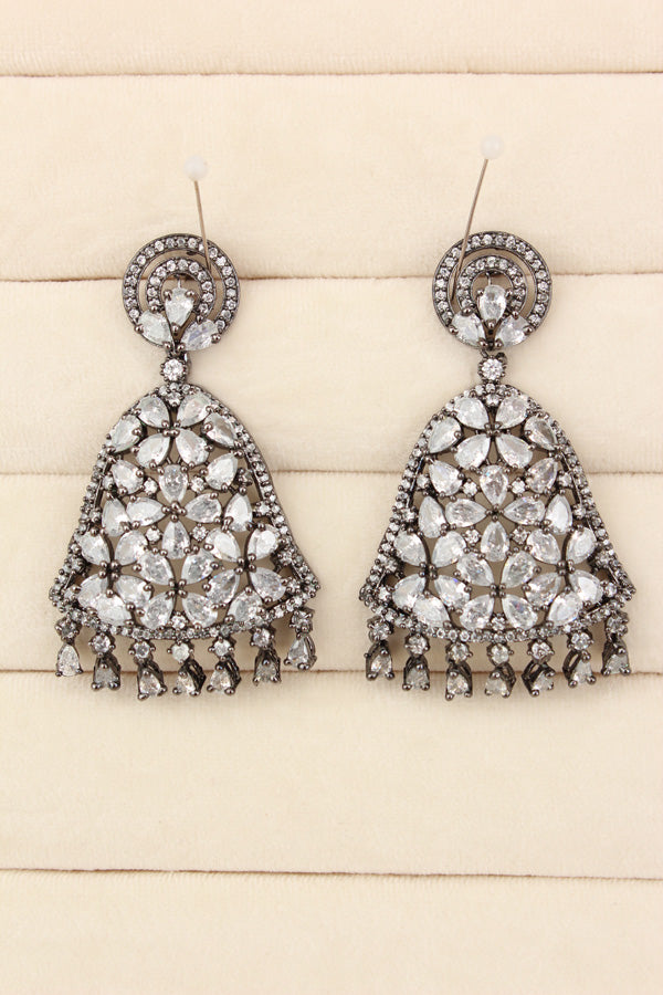 Statement Chandelier Earrings With American Diamonds Stones In Black Polish And White Colour Stones (ADE029-B)