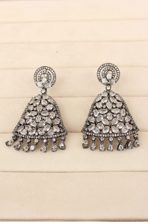 Statement Chandelier Earrings With American Diamonds Stones In Black Polish And White Colour Stones (ADE029-B)