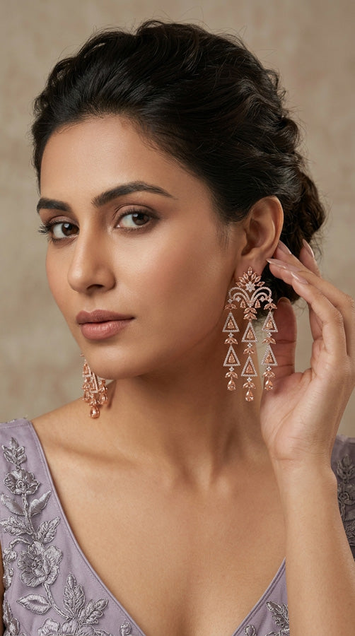 Statement Large Chandelier Earrings With Copper Colour Stones In Premium Quality (ADE025)