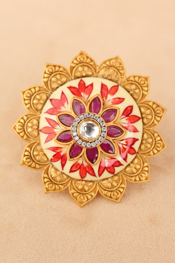 Statement Meenakari Adjustable Ring in Gold Plated And Center Stone (RF011)