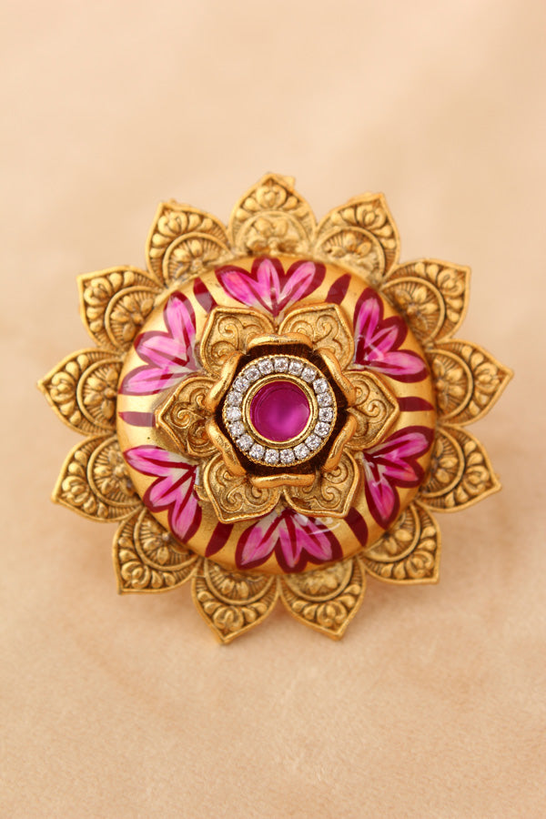 Sunflower Adjustable Ring With Meenakari Design And Center Design And Pink Stone (RF007-P)