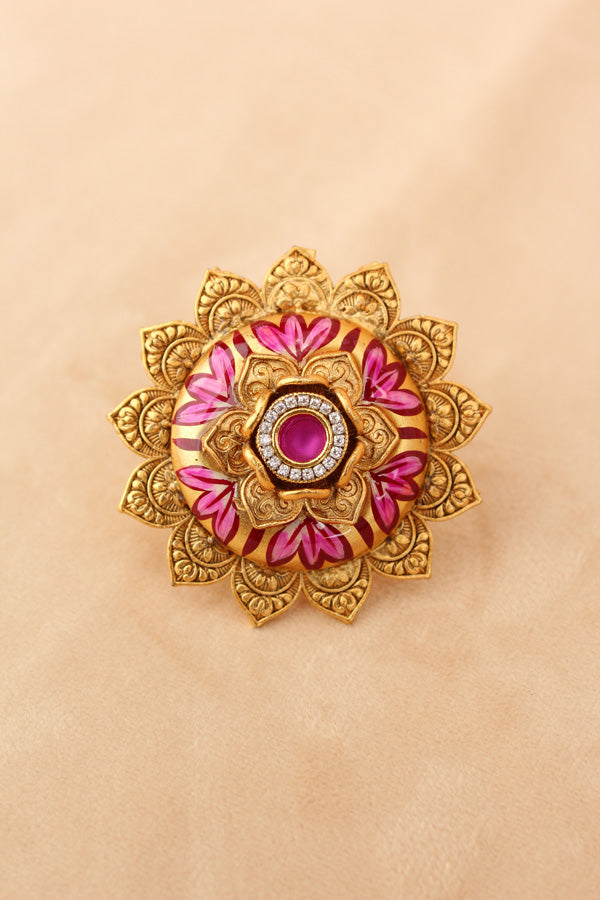 Sunflower Adjustable Ring With Meenakari Design And Center Design And Pink Stone (RF007-P)