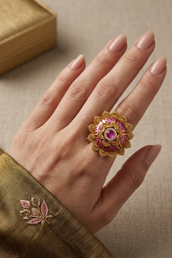 Sunflower Adjustable Ring With Meenakari Design And Center Design And Pink Stone (RF007-P)