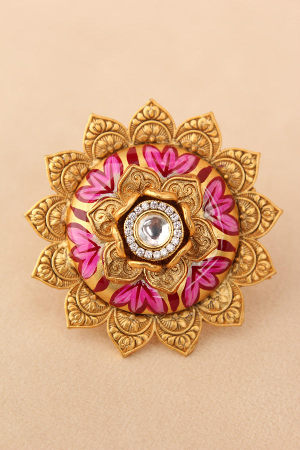 Sunflower Adjustable Ring With Meenakari Design And Center Design And White Stone (RF007-W)