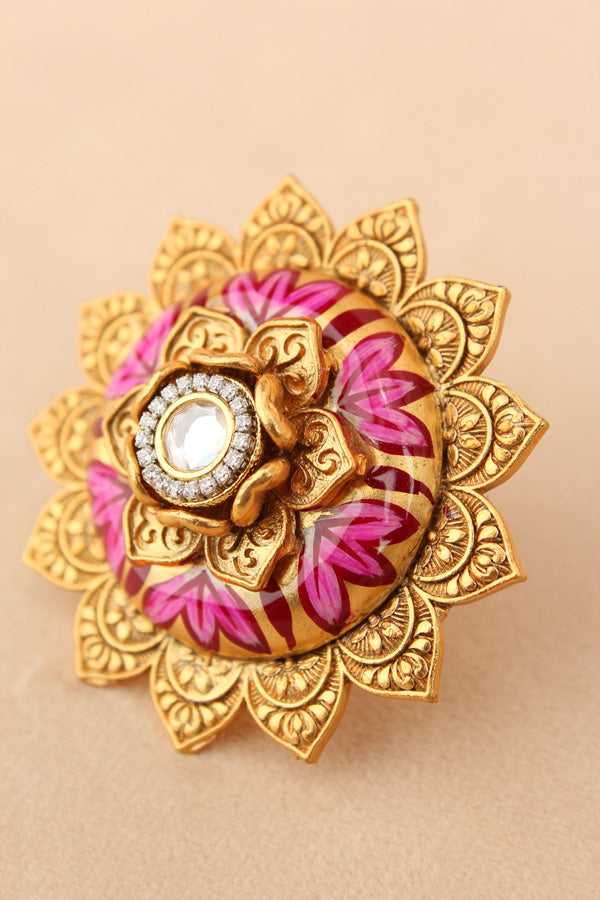 Sunflower Adjustable Ring With Meenakari Design And Center Design And White Stone (RF007-W)