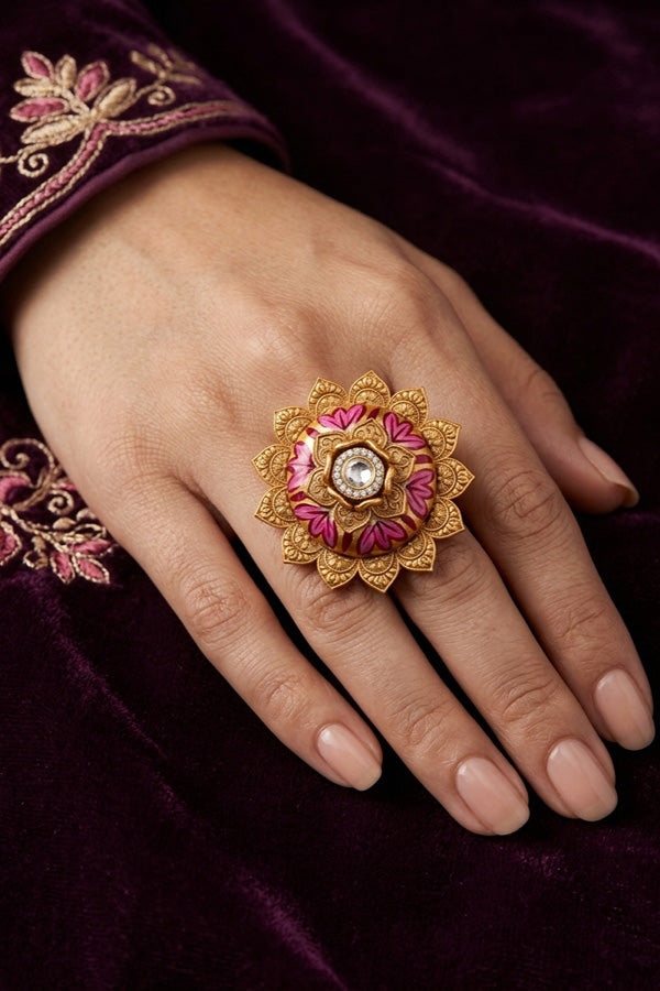 Sunflower Adjustable Ring With Meenakari Design And Center Design And White Stone (RF007-W)