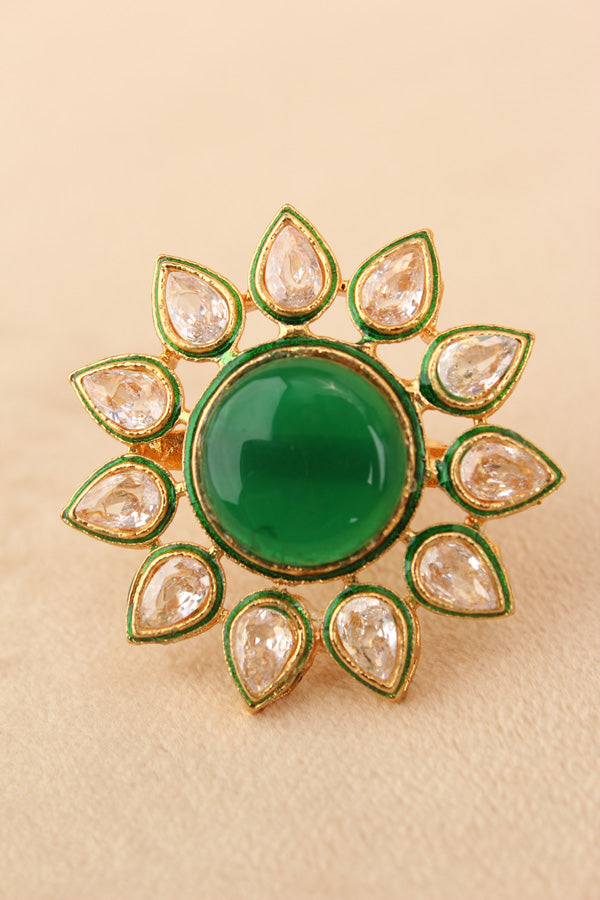 Sunflower Kundan Statement Ring With Green Center Stone And Adjustable (KR011)