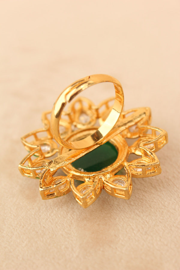 Sunflower Kundan Statement Ring With Green Center Stone And Adjustable (KR011)