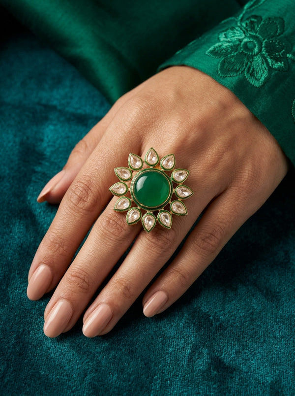Sunflower Kundan Statement Ring With Green Center Stone And Adjustable (KR011)
