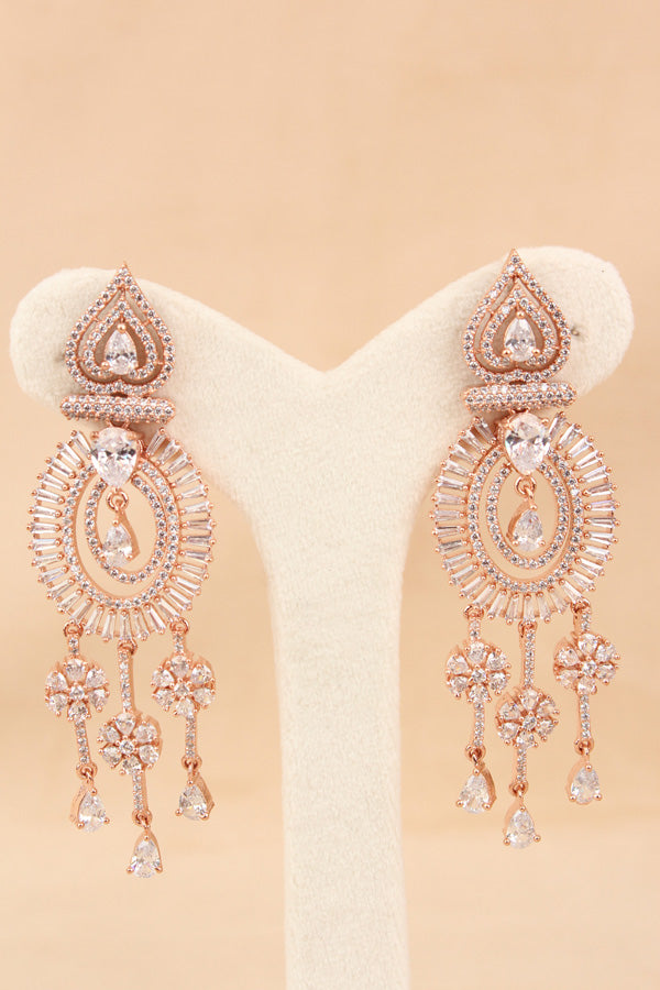 Teardrop Chandelier Earrings With American Diamonds In Rose Gold Polish (ADE022)