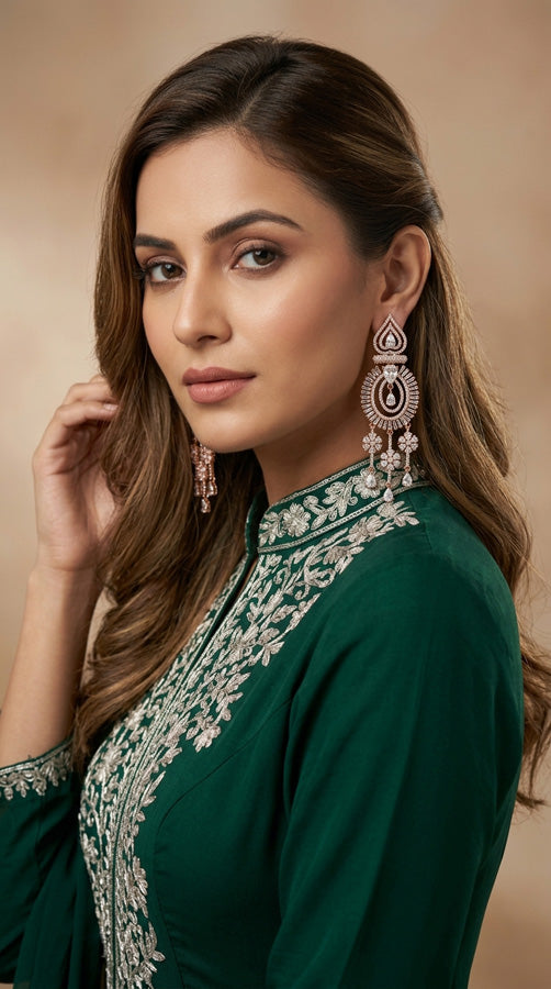 Teardrop Chandelier Earrings With American Diamonds In Rose Gold Polish (ADE022)