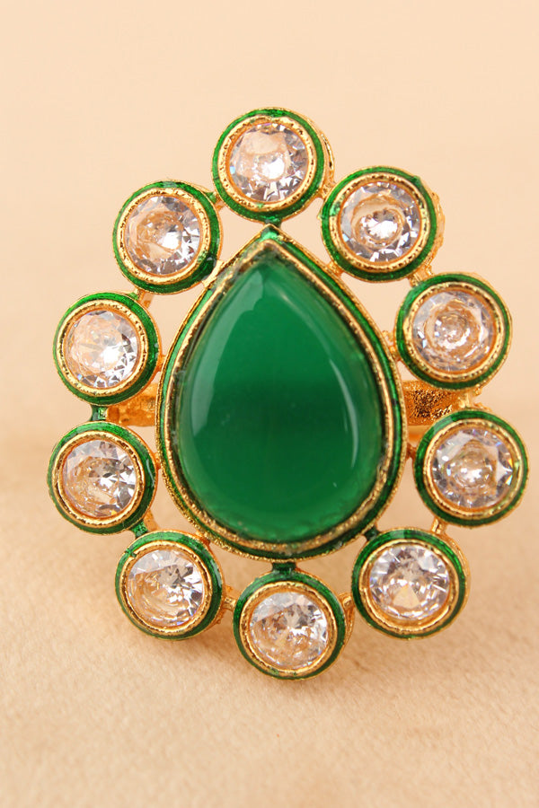 Teardrop Kundan Ring With Green Center Stone And Adjustable In Premium Quality (KR010)