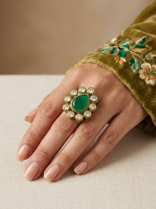 Teardrop Kundan Ring With Green Center Stone And Adjustable In Premium Quality (KR010)