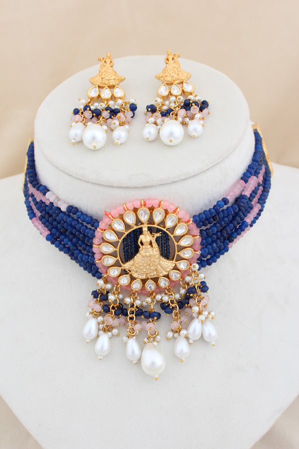 Temple Kundan Choker Necklace With Center Design And Blue Colour Pearls And Matching Earrings (CKS005B-Kundan)