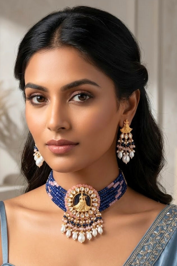 Temple Kundan Choker Necklace With Center Design And Blue Colour Pearls And Matching Earrings (CKS005B-Kundan)