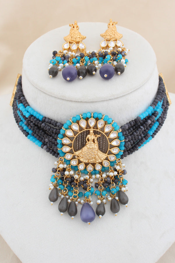 Temple Kundan Choker Necklace With Center Design And Grey Colour Pearls And Matching Earrings (CKS005GY-Kundan)
