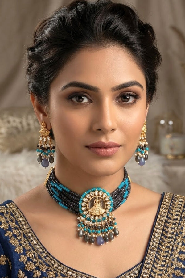 Temple Kundan Choker Necklace With Center Design And Grey Colour Pearls And Matching Earrings (CKS005GY-Kundan)