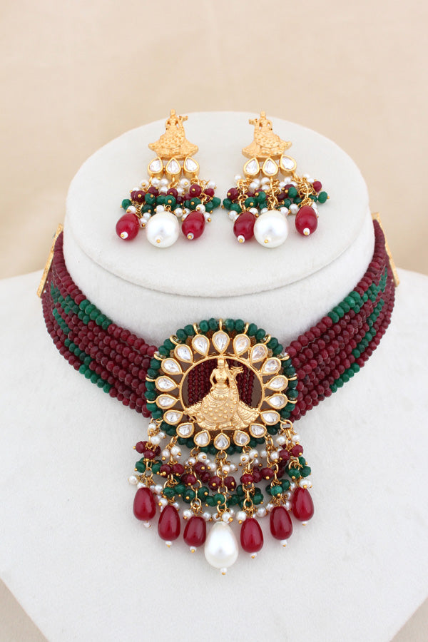 Temple Kundan Choker Necklace With Center Design And Maroon Colour Pearls And Matching Earrings (CKS005M-Kundan)