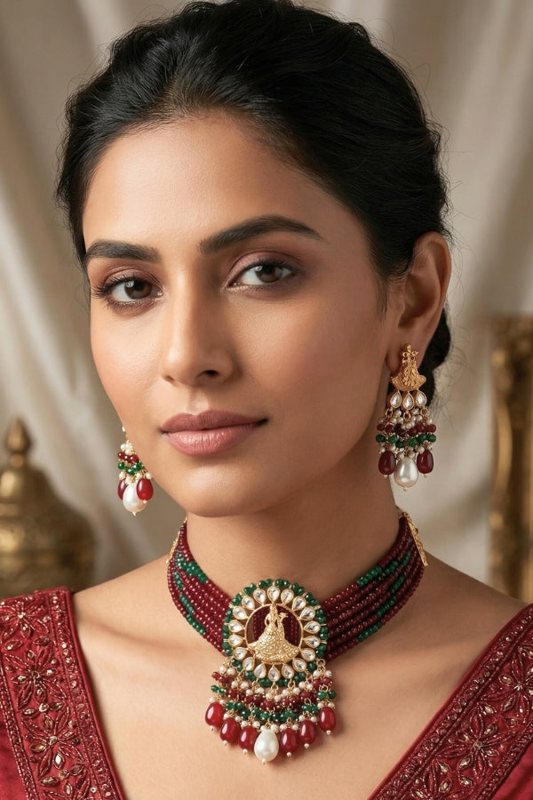 Temple Kundan Choker Necklace With Center Design And Maroon Colour Pearls And Matching Earrings (CKS005M-Kundan)