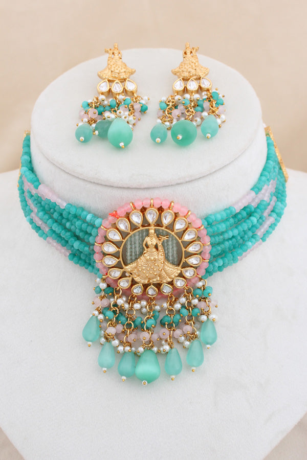 Temple Kundan Choker Necklace With Center Design And Sky Blue Colour Pearls And Matching Earrings (CKS005SB-Kundan)
