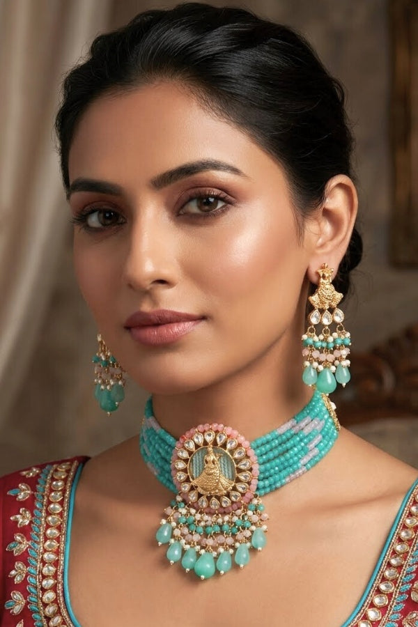 Temple Kundan Choker Necklace With Center Design And Sky Blue Colour Pearls And Matching Earrings (CKS005SB-Kundan)